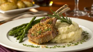 Herb-Crusted Lamb Chops with Mashed Potatoes and Asparagus
