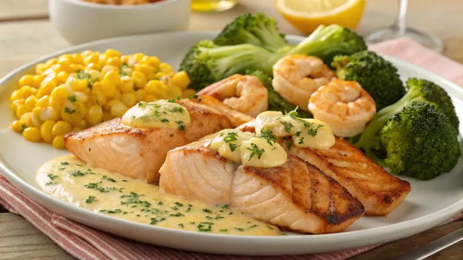 Salmon, shrimp, cheesy broccoli