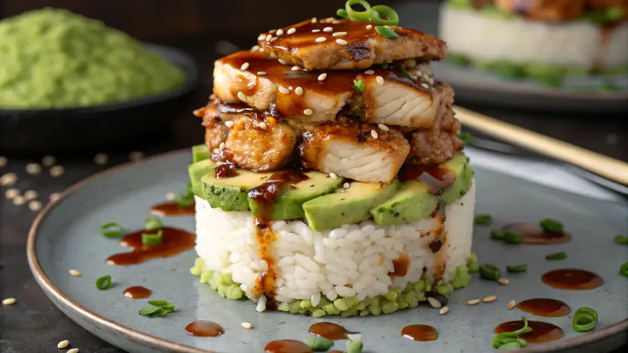 Teriyaki Chicken and Avocado Rice Stack