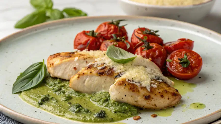 creamy pesto chicken with roasted tomatoes