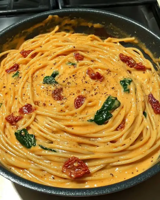 Spaghetti with Creamy Sun-Dried Tomato & Spinach Sauce