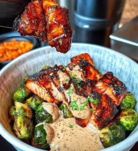 Teriyaki Salmon Bowls with Crispy Brussels Sprouts